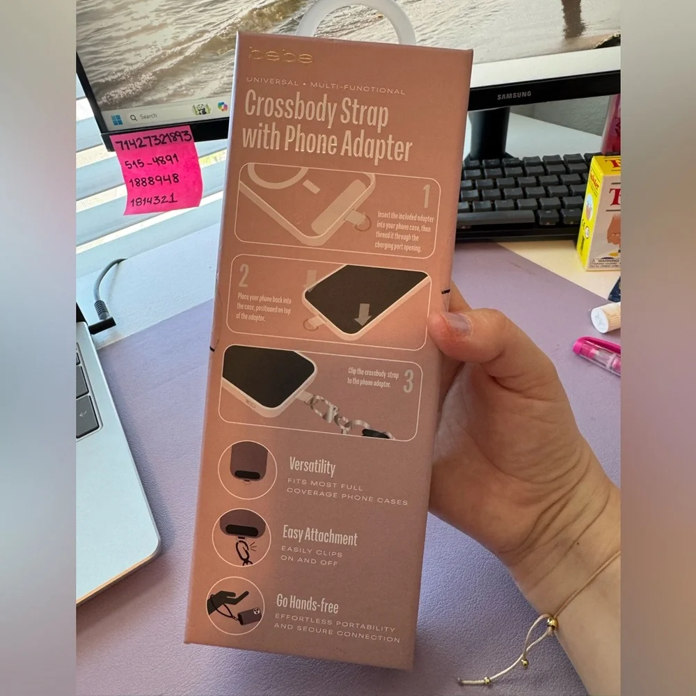 3/$15 bebe Pink Crossbody Phone Strap with Gold Hardware